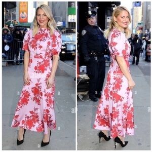 ML Monique Lhullier Floral Satin Midi Dress Pink Red